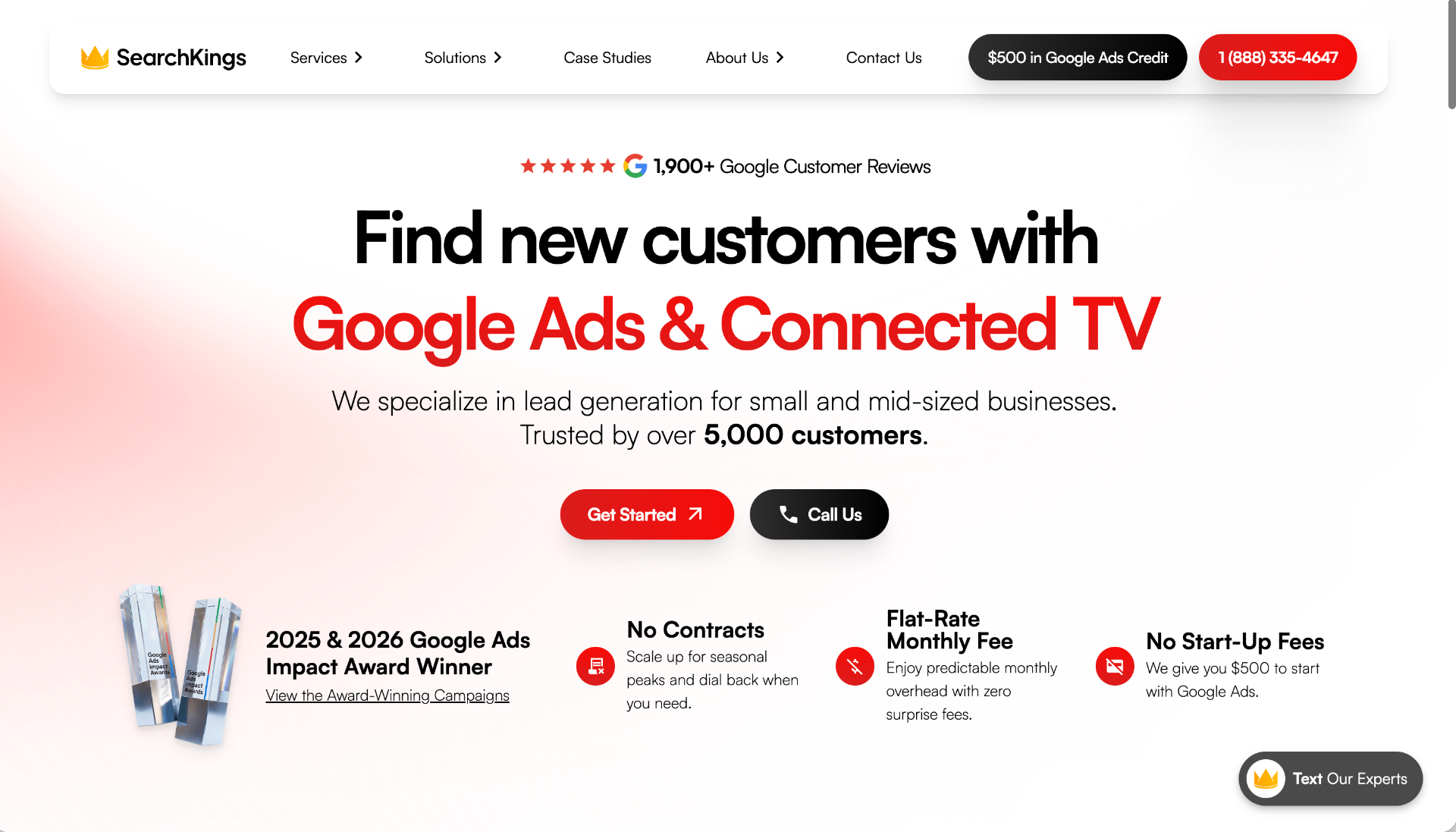 SearchKings homepage showing their tagline 'Small Businesses. Big Solutions.' and their service navigation