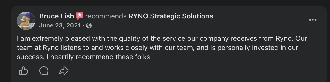 Facebook recommendation of RYNO Strategic Solutions from Bruce Lish