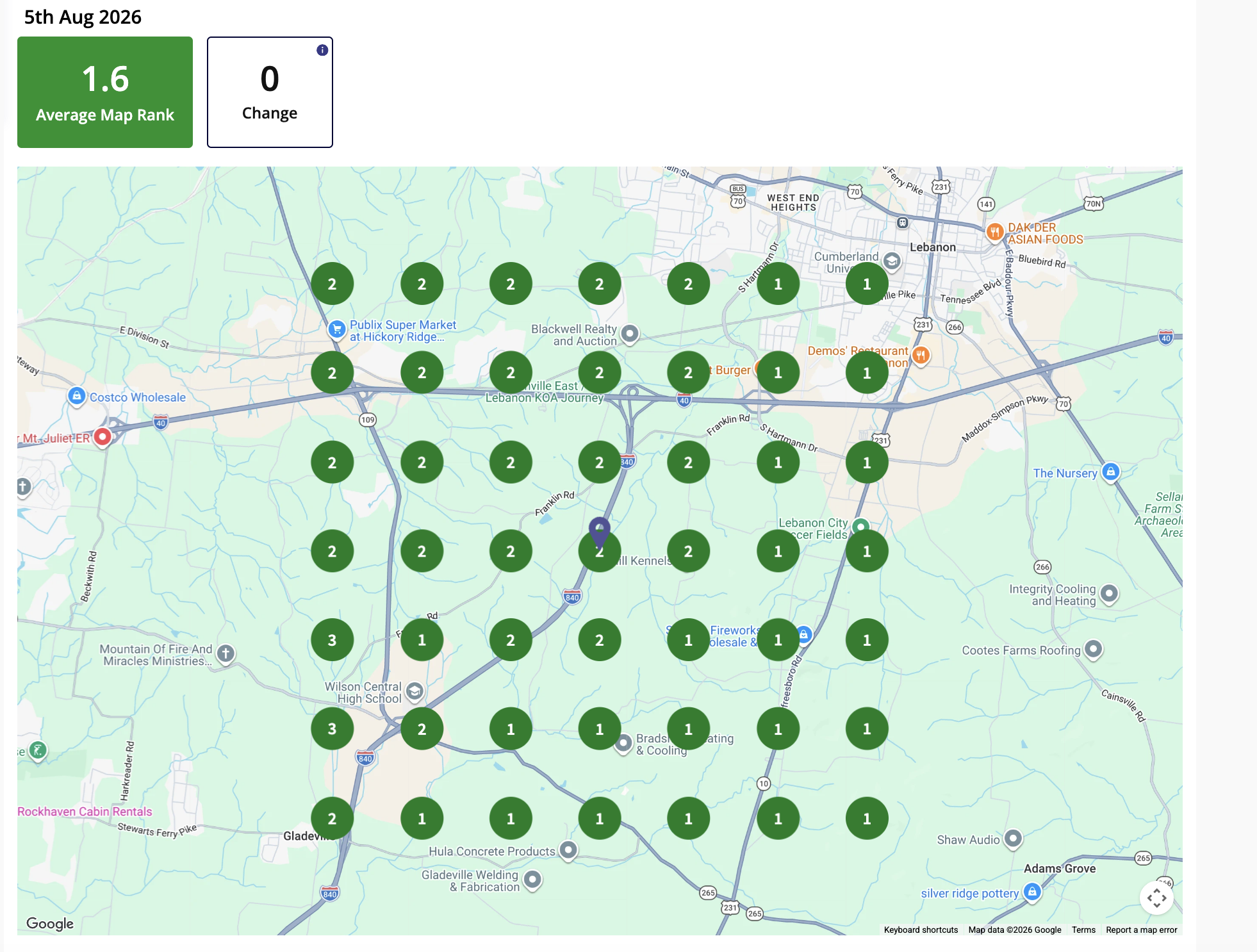 Local map-grid scan of Mama's Metal Roofing in August 2026 showing top-3 rankings across the entire market