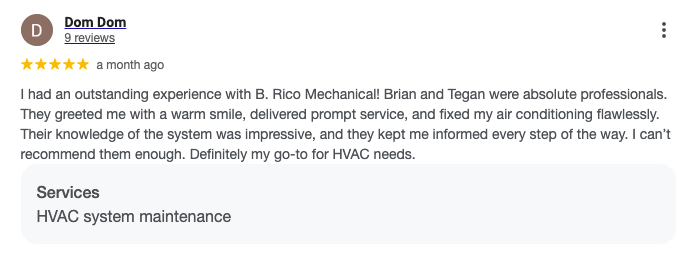 Detailed 5-star Google review of an HVAC company