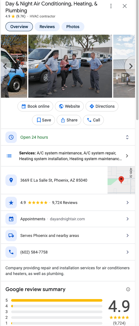 Example of a fully optimized HVAC Google Business Profile with 300+ reviews