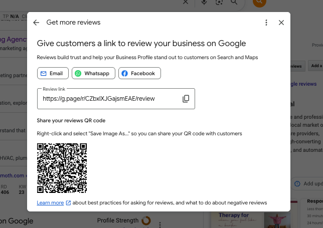 Google Business Profile review request interface showing the shareable review link