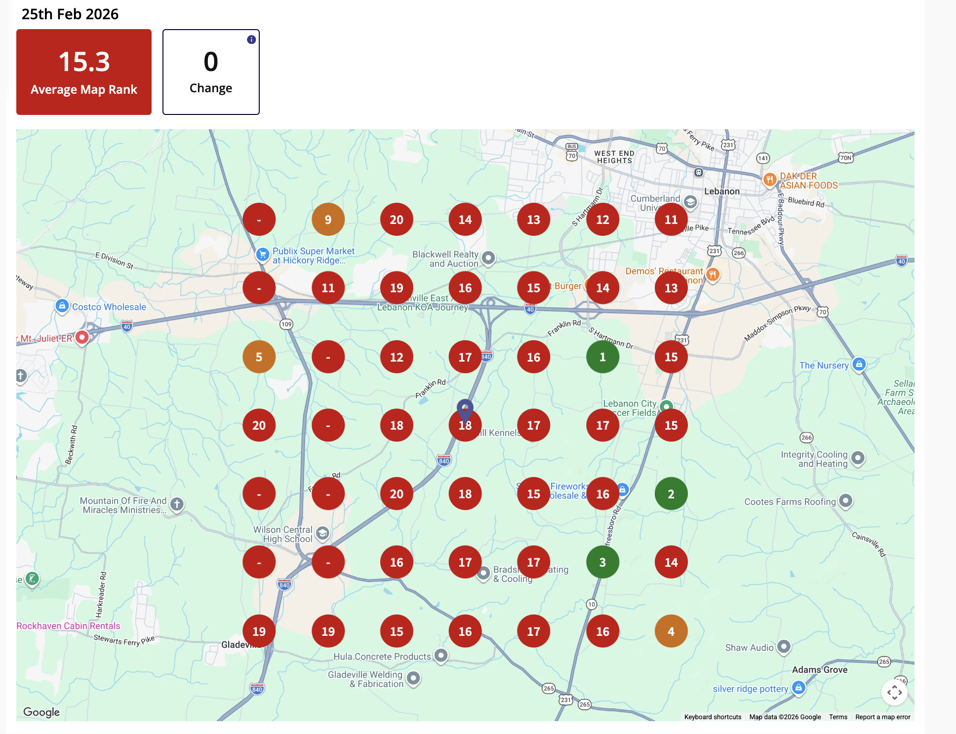 Local map-grid scan of Mama's Metal Roofing in February 2026 showing mostly poor rankings across the market