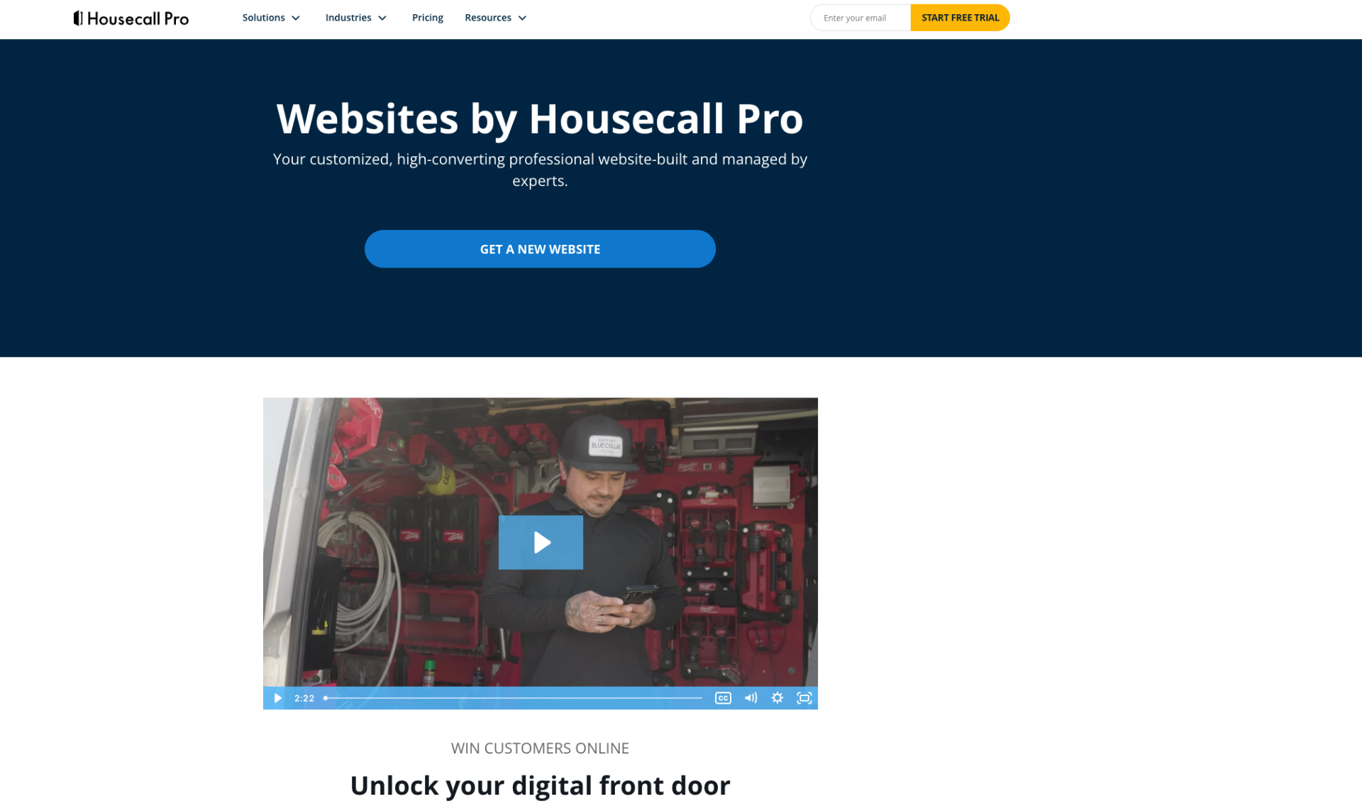 Housecall Pro Websites landing page showing their website builder and marketing bolt-on features