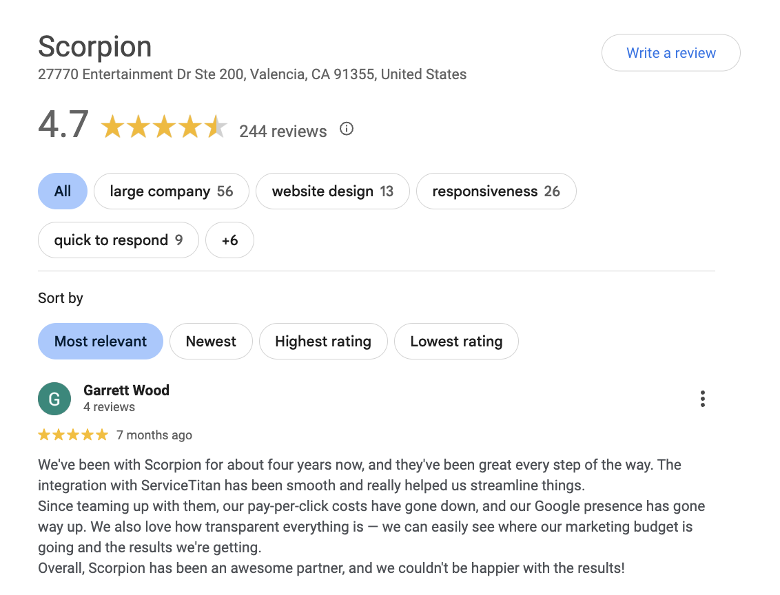 Scorpion 4.7-star Google reviews (244 reviews)