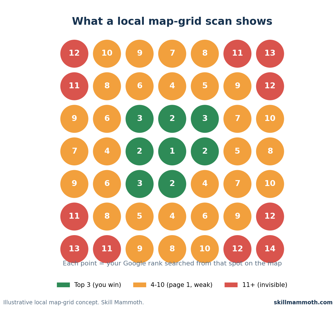 Illustration of a local map-grid scan, with green points showing top-3 rankings and red points showing poor rankings
