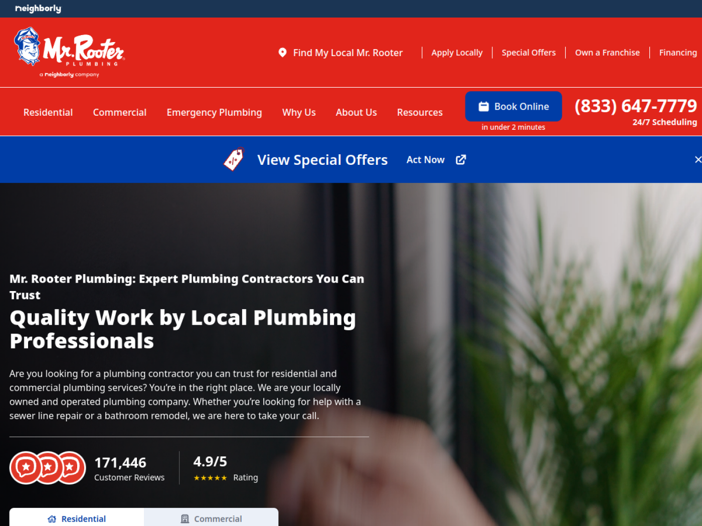 Example plumbing company homepage with prominent phone number, booking button, and service links