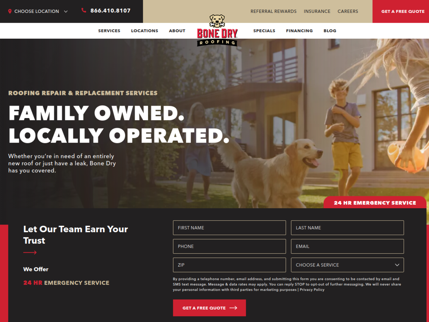 Example roofing company website homepage with a prominent free quote form and clear services