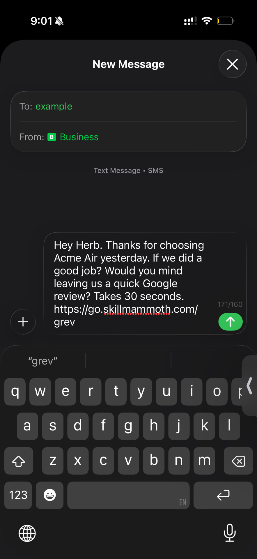 Sample review request text message showing the friendly ask and direct review link