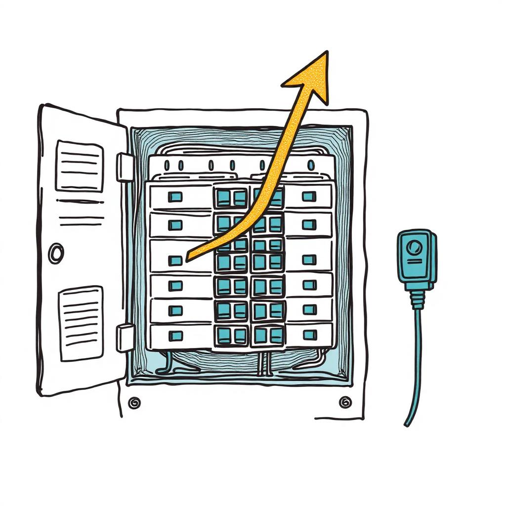 Hand-drawn electrical panel with an EV charger plug and a growth arrow, illustrating electrician marketing growth