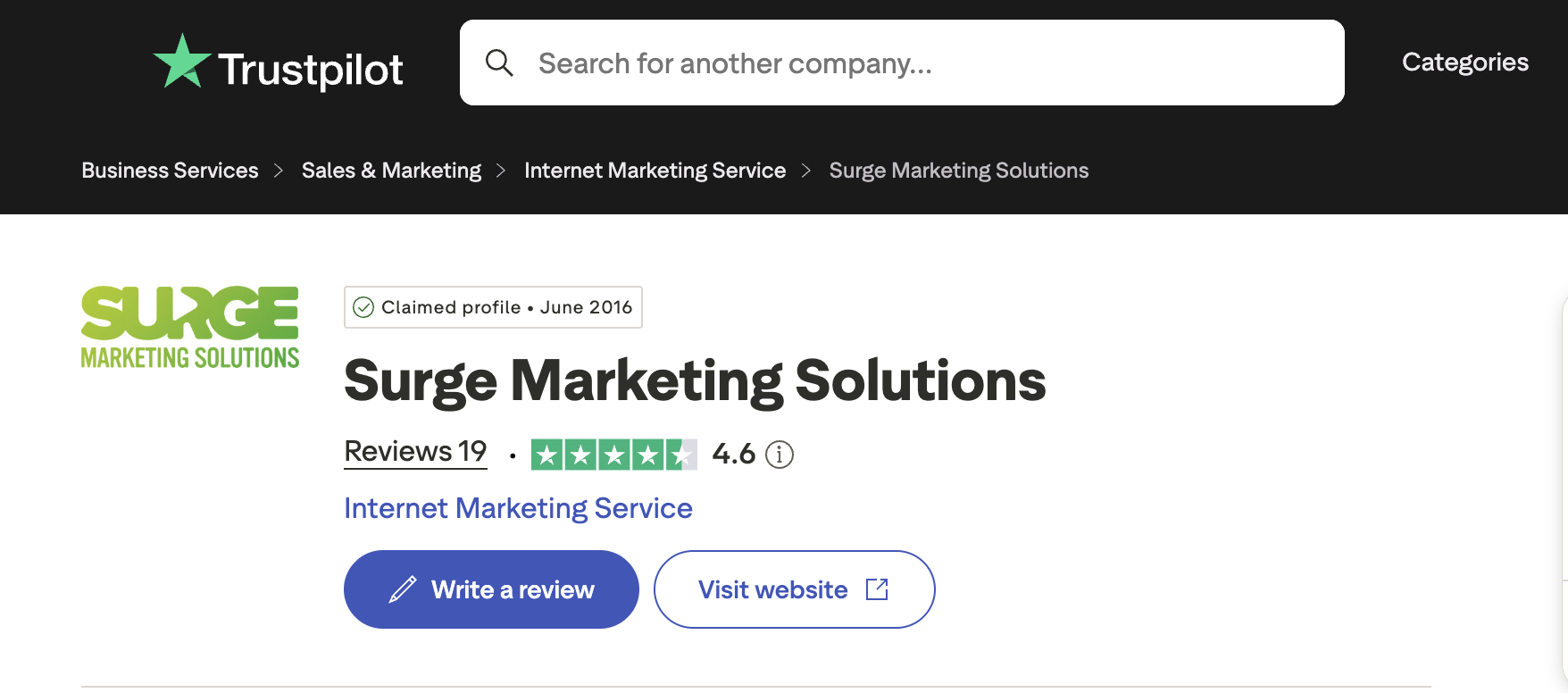 Surge Marketing Solutions 4.6-star Trustpilot rating (19 reviews)