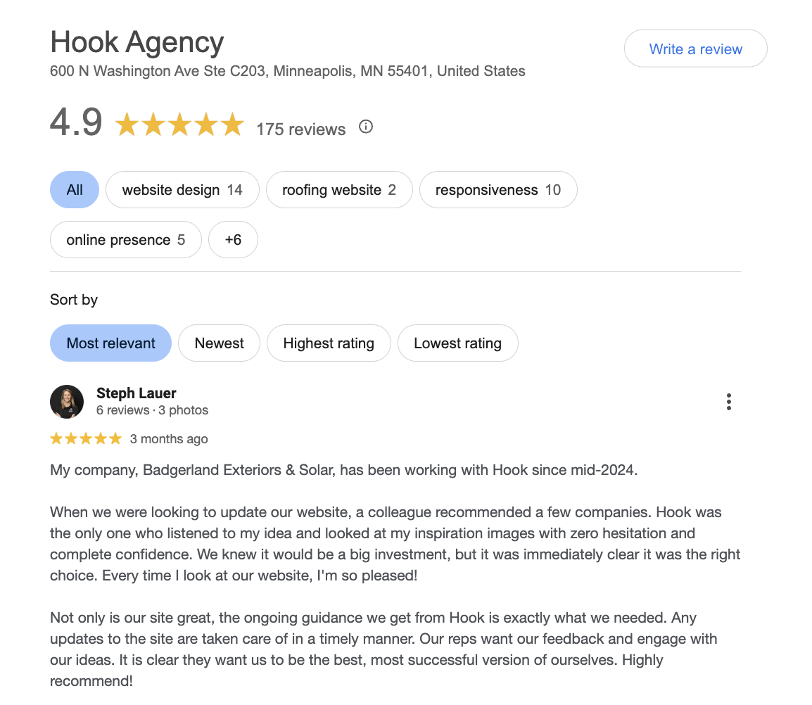 Hook Agency 4.9-star Google reviews (175 reviews)