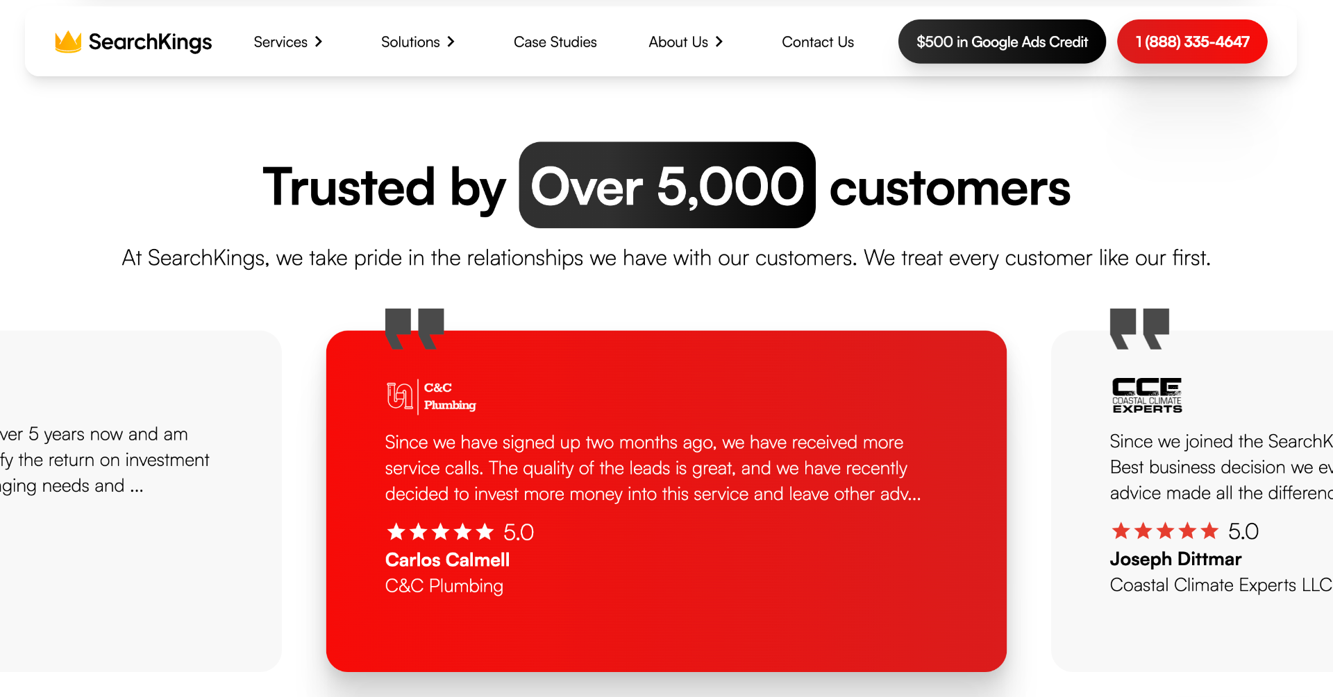 SearchKings testimonials page showing 1,900+ Google Reviews at 5.0 stars and their customer testimonial carousel