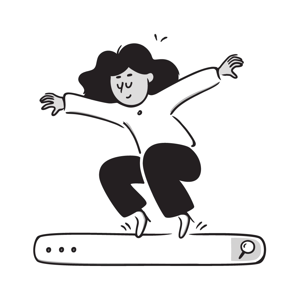 Hand-drawn illustration of a person balancing on a search bar