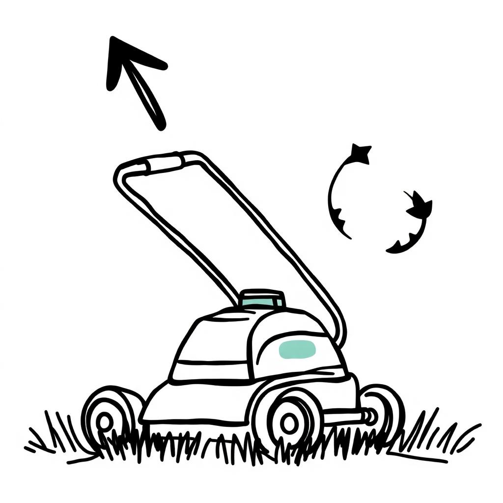Hand-drawn lawn mower with a growth arrow and recurring-cycle symbol, illustrating lawn care marketing growth