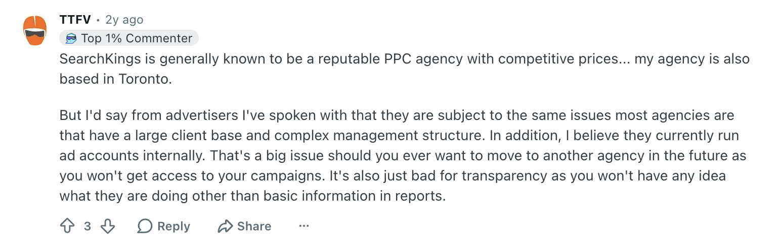 Screenshot of r/PPC Reddit thread titled 'Search Kings' with community discussion about SearchKings' service and account ownership practices