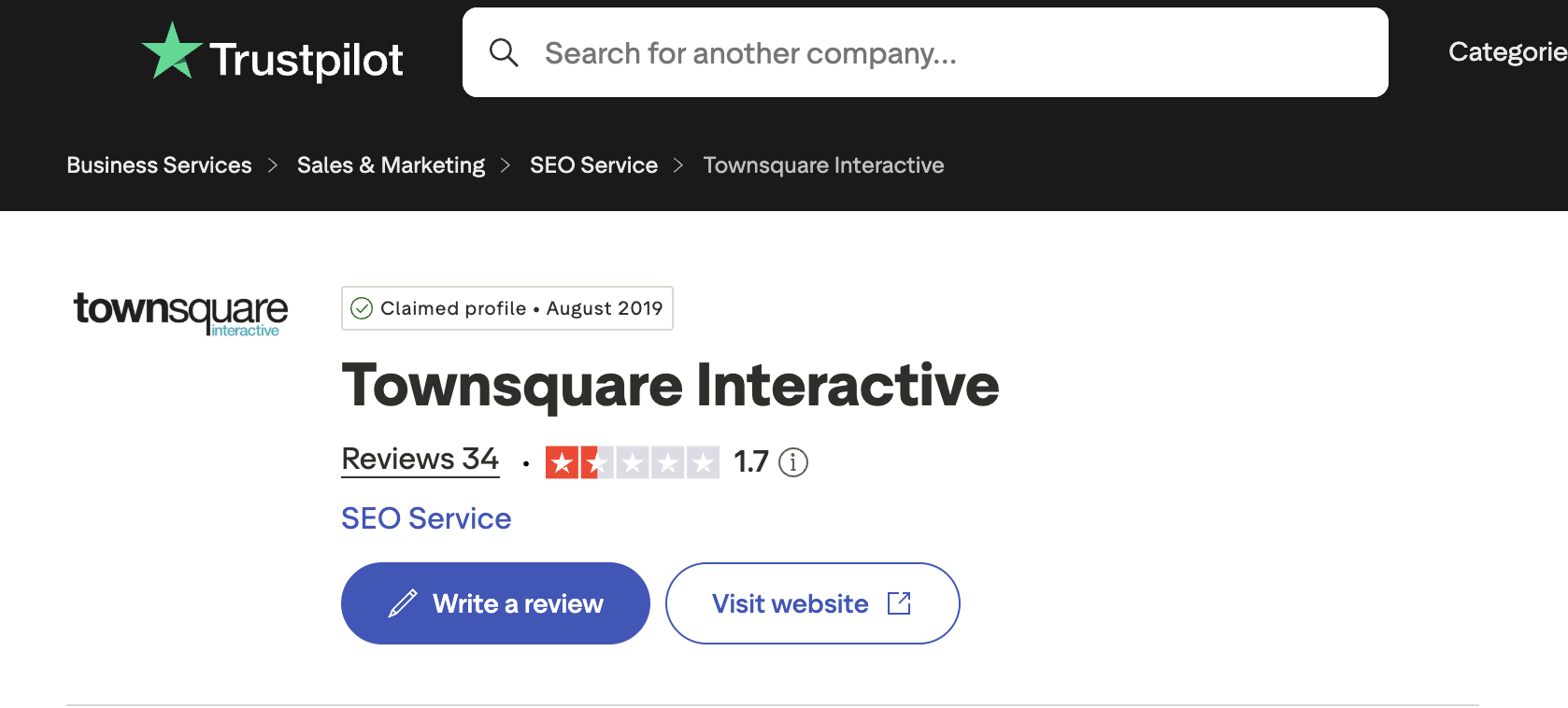 Townsquare Interactive 1.7-star Trustpilot rating (34 reviews)