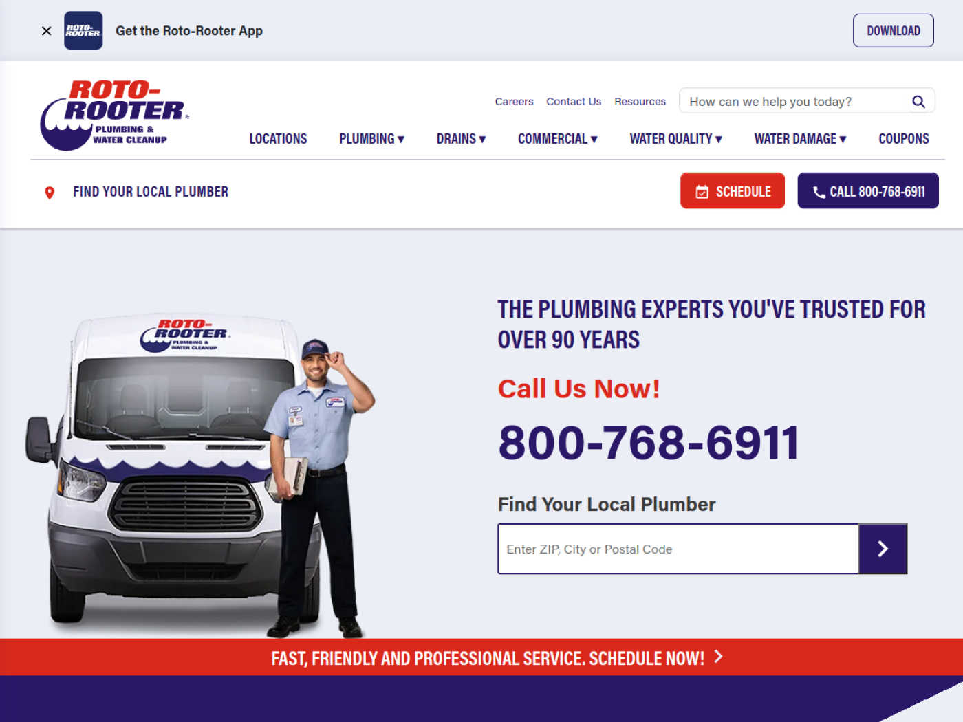 Example plumbing company website homepage with clear calls to action and service navigation