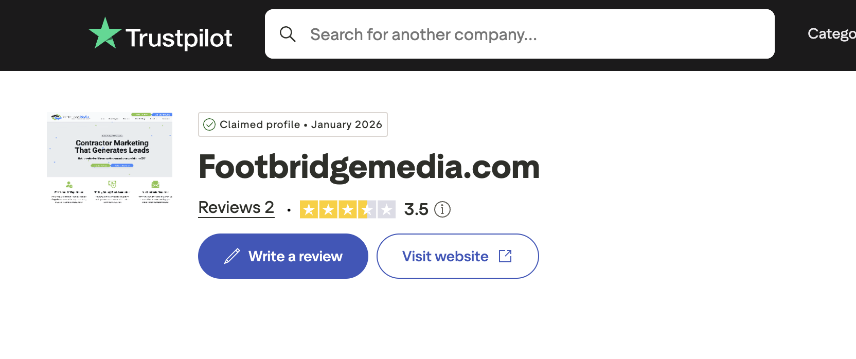 Footbridge Media 3.5-star Trustpilot rating (2 reviews)