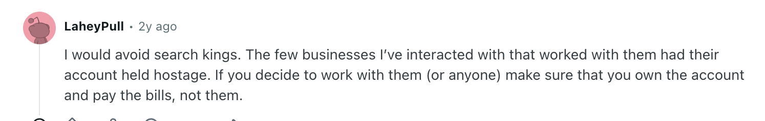 Screenshot of r/PPC Reddit thread titled 'Search Kings' with community discussion about SearchKings' service and account ownership practices