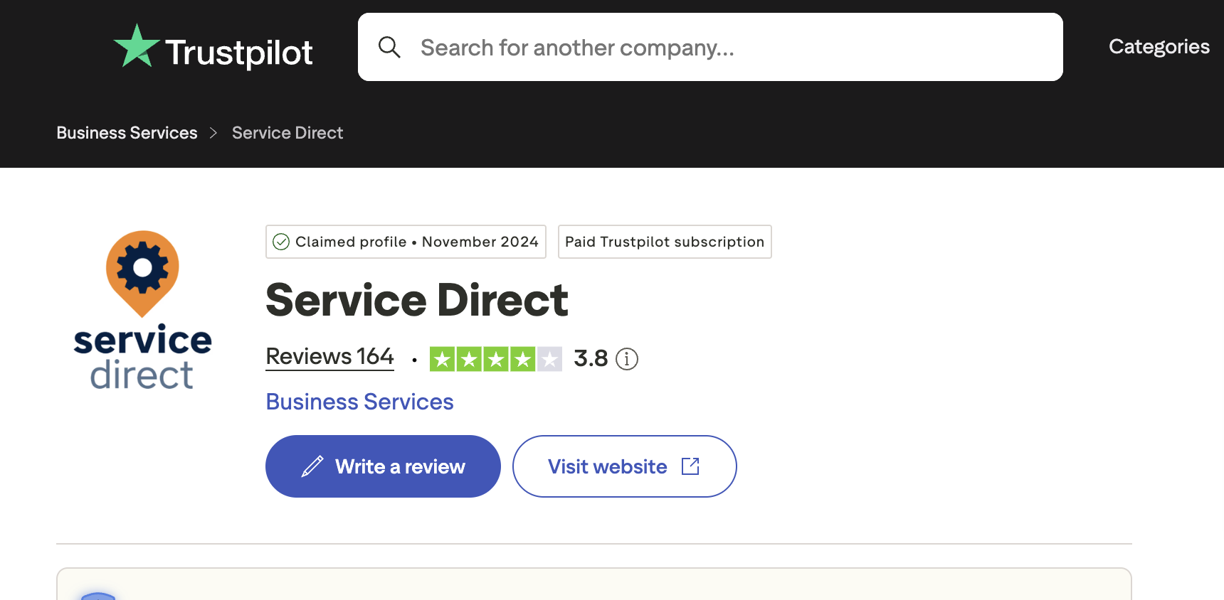 Service Direct 3.8-star Trustpilot rating (164 reviews)
