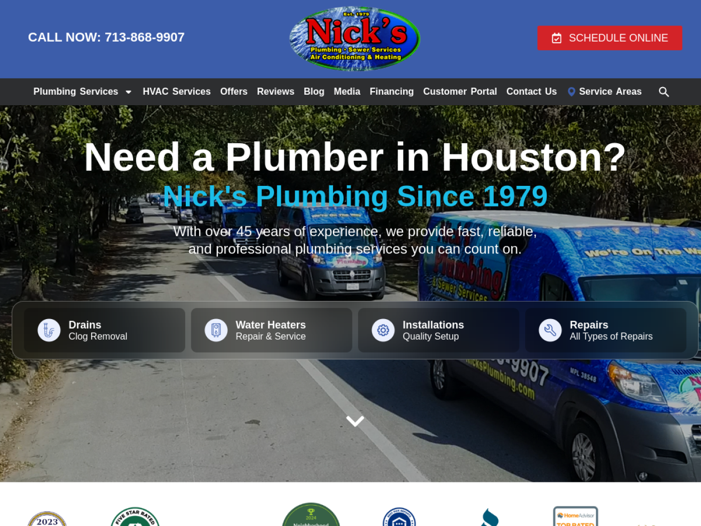 Example Texas plumbing company homepage optimized for local search and quick booking