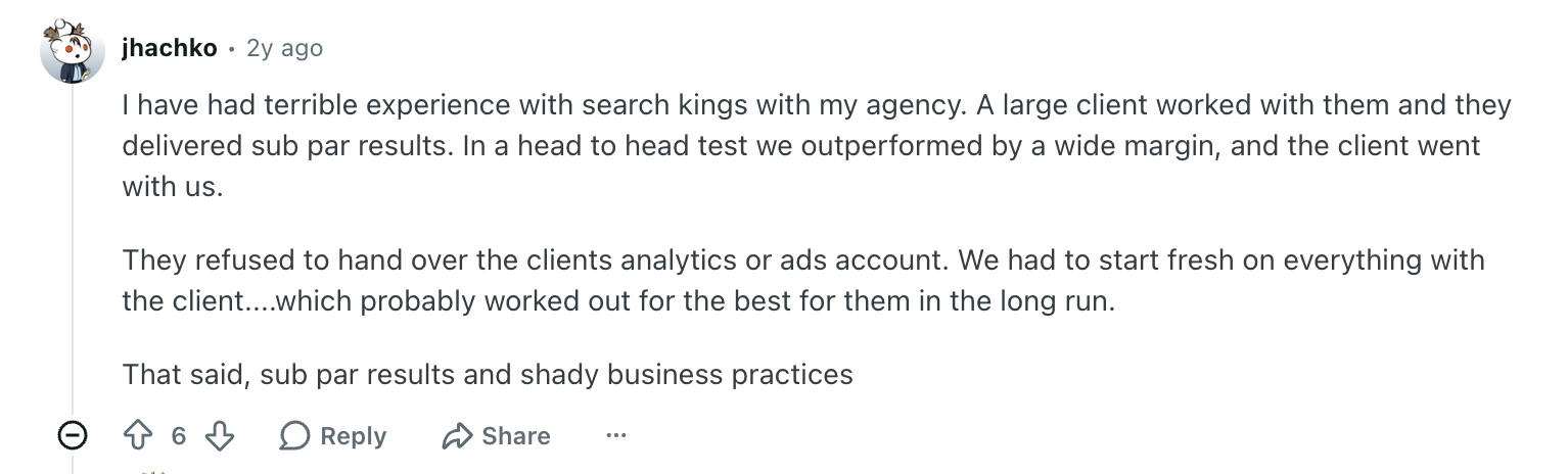 Screenshot of r/PPC Reddit thread titled 'Search Kings' with community discussion about SearchKings' service and account ownership practices