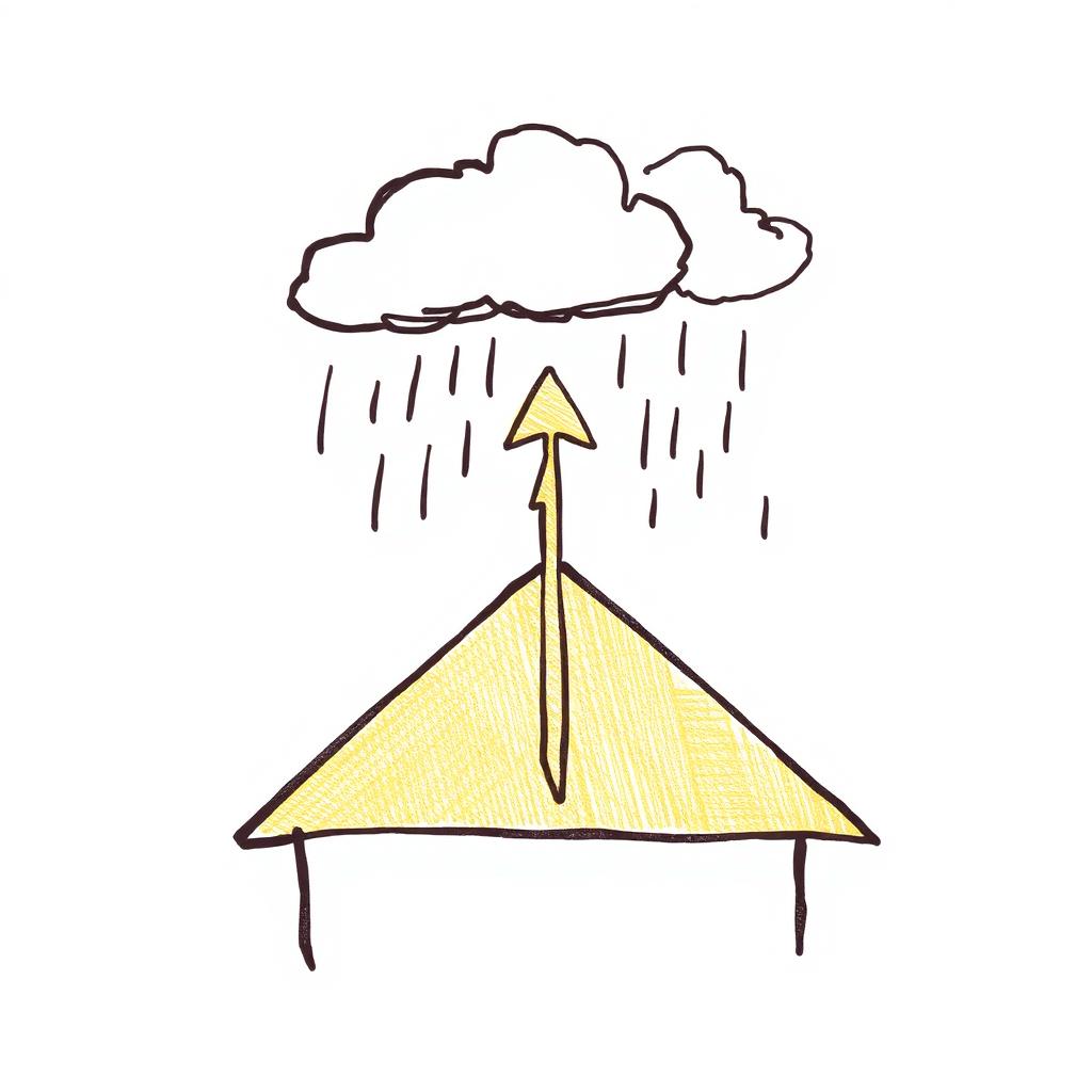 Hand-drawn stylized roof with hail and storm clouds above and a growth arrow rising through it, illustrating roofing marketing growth
