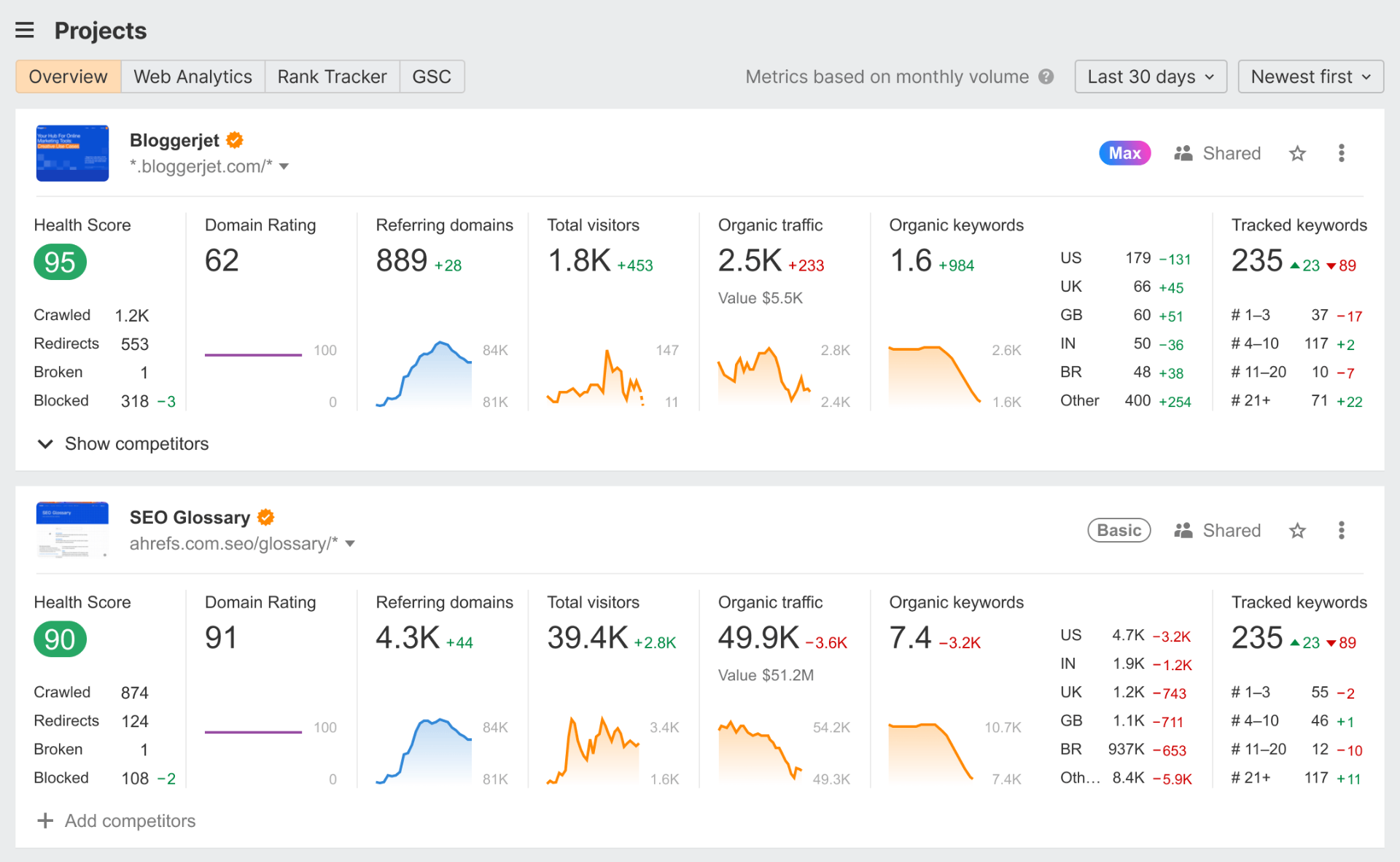 Ahrefs dashboard showing website analytics and SEO metrics