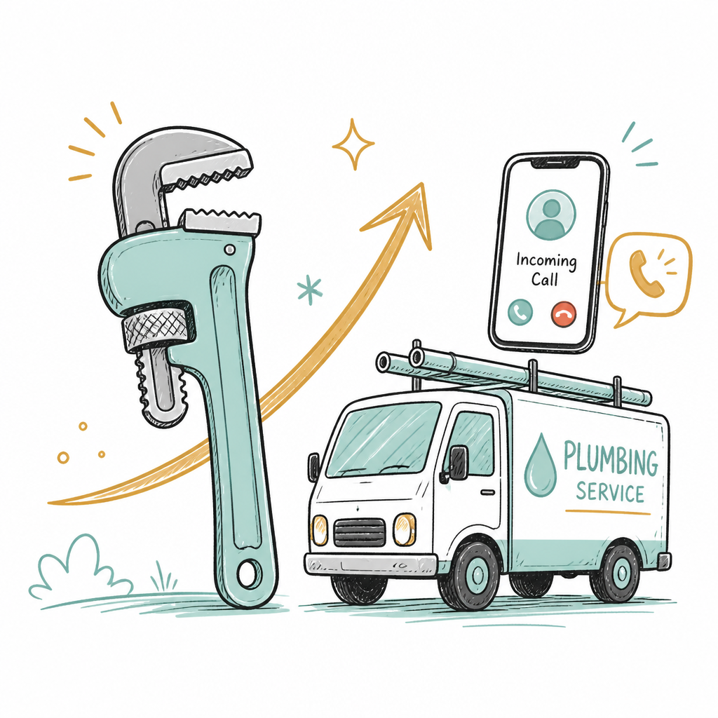 Hand-drawn pipe wrench with a growth arrow next to a plumbing service truck and phone with an incoming call, illustrating plumbing marketing growth