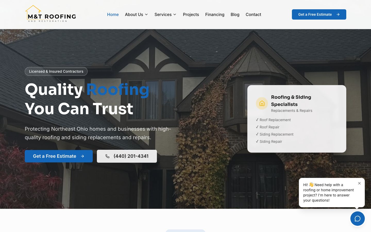 M&T Roofing and Restoration homepage built by Skill Mammoth, with a free estimate button, phone number and a real customer roof as the hero
