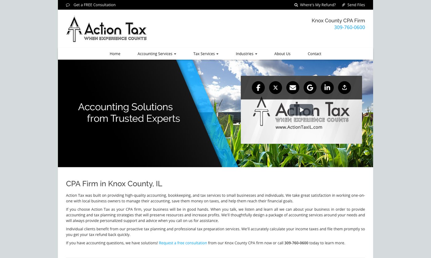 Action Tax homepage in Knox County, Illinois, with the same layout as Scott Reid CPAs and the heading CPA Firm in Knox County, IL above the identical introductory paragraph