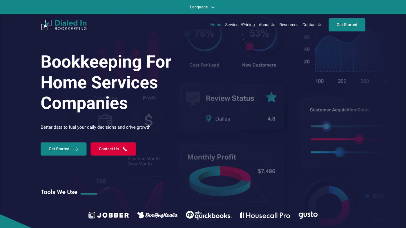 Dialed In Bookkeeping homepage with the headline Bookkeeping For Home Services Companies, Get Started and Contact Us buttons, and a Tools We Use row showing Jobber, BookingKoala, QuickBooks, Housecall Pro and Gusto