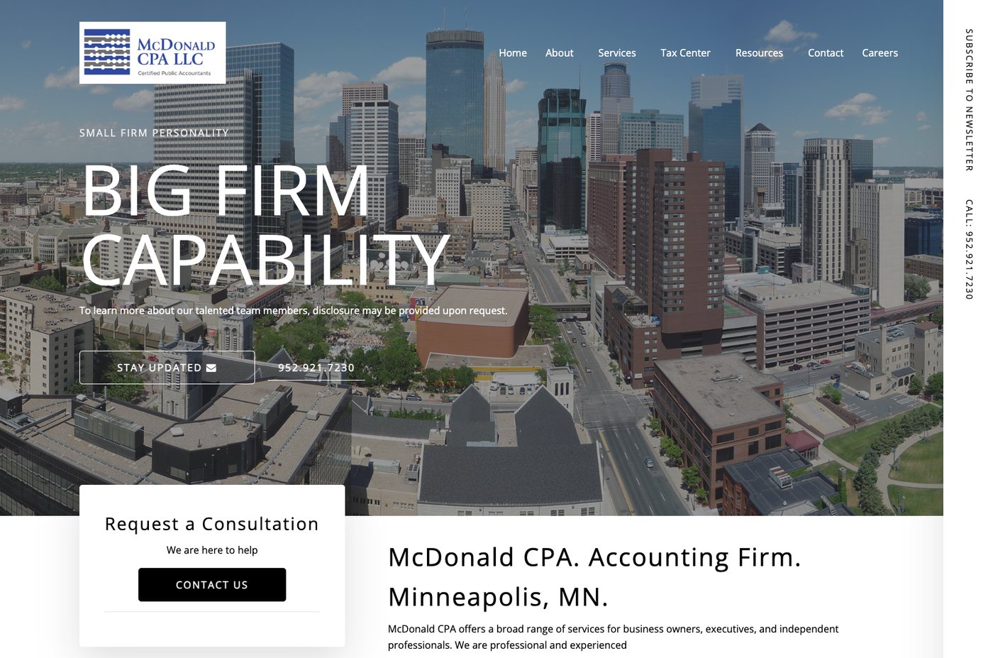 McDonald CPA homepage with a Minneapolis skyline hero reading Big Firm Capability, a Stay Updated newsletter button, a Request a Consultation card and a Tax Center navigation item