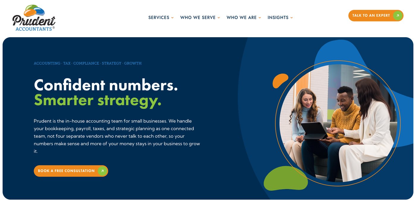 Prudent Accountants homepage hero reading Confident numbers, Smarter strategy, with a paragraph about being the in-house accounting team for small businesses and a Book a Free Consultation button