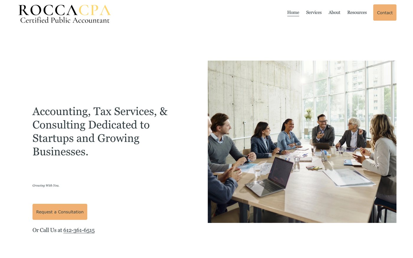 Rocca CPA homepage with the headline Accounting, Tax Services and Consulting Dedicated to Startups and Growing Businesses, a Request a Consultation button and a phone number