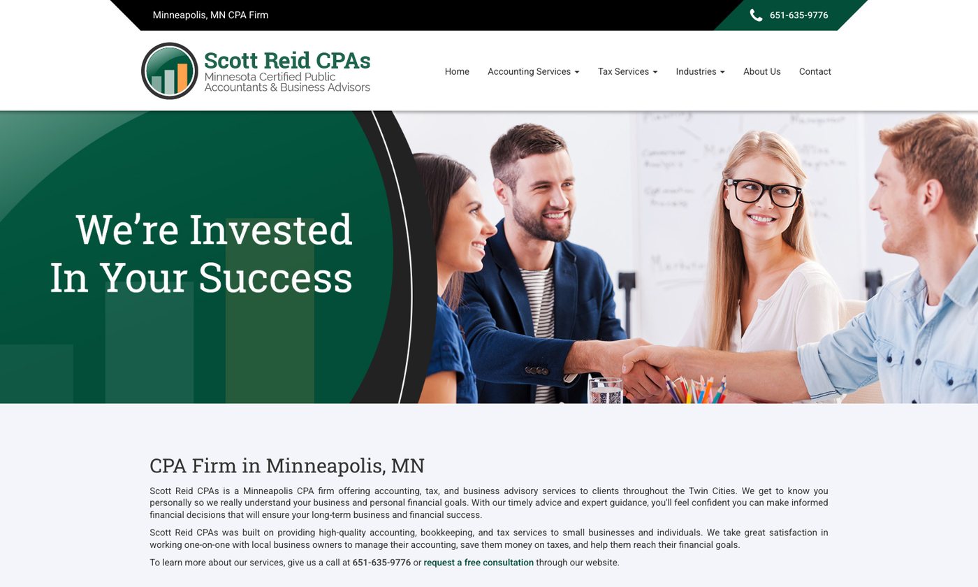 Scott Reid CPAs homepage with the slogan We're Invested In Your Success over a stock handshake photo, then the heading CPA Firm in Minneapolis, MN and two paragraphs of introductory copy