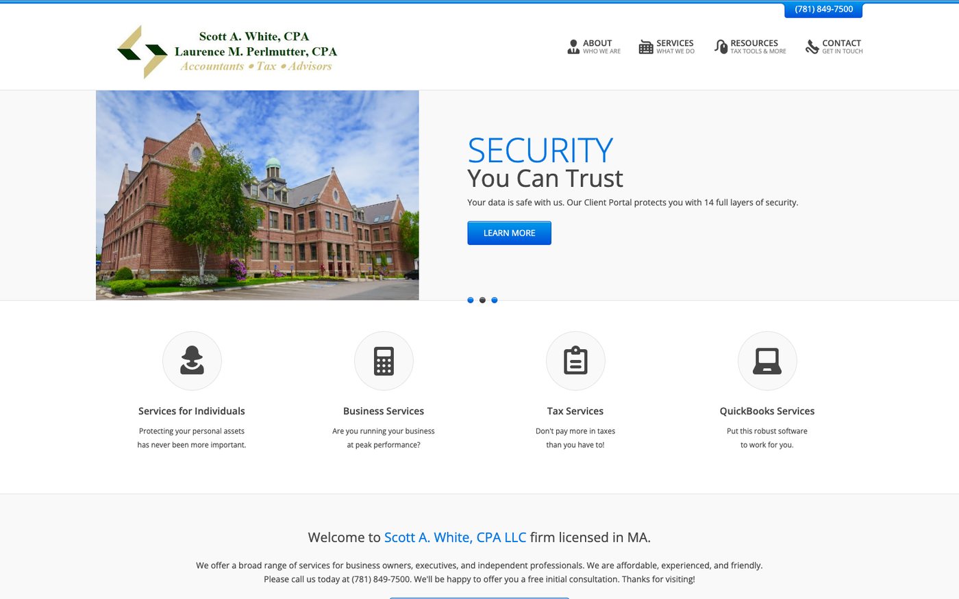 Scott A. White CPA homepage in Quincy, Massachusetts, with the same four service blocks and the paragraph We offer a broad range of services for business owners, executives, and independent professionals