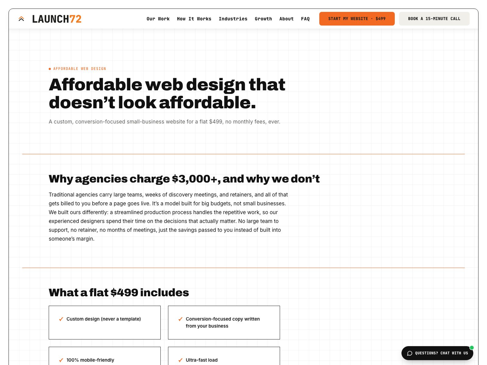 Launch72 affordable web design page offering a $499 flat-rate custom website in 72 hours
