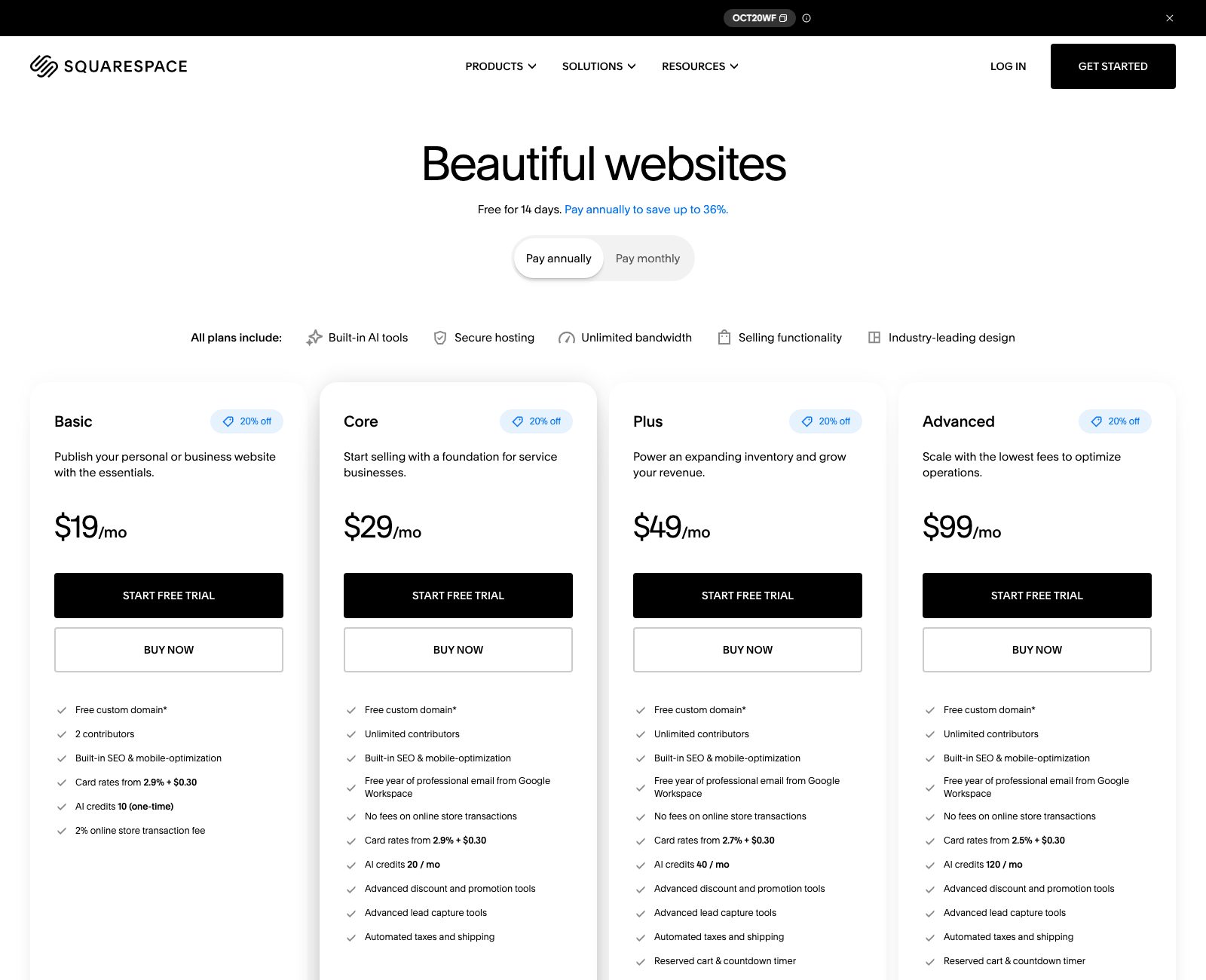 Squarespace pricing page listing Basic, Core, Plus and Advanced plans from $19 a month on annual billing