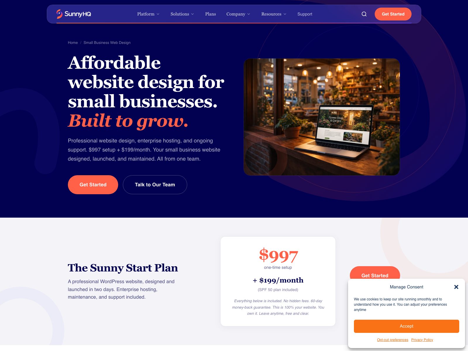 Sunny HQ small business website design page listing a $997 setup and $199 a month for a seven-page WordPress site
