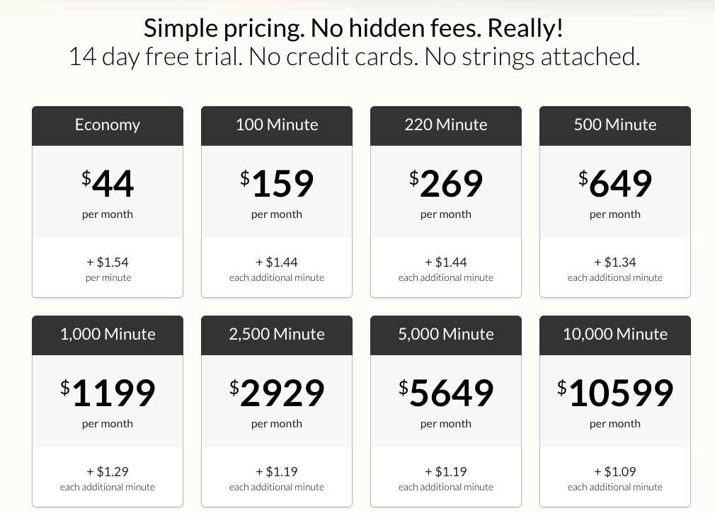 Specialty Answering Service pricing page showing eight plans from Economy at 44 dollars a month plus 1.54 per minute up to the 10,000 minute plan at 10,599 dollars