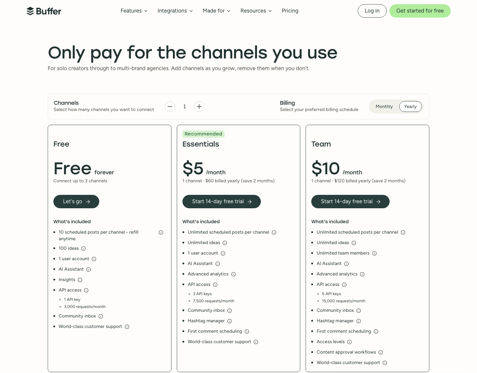 Buffer pricing page showing Free, Essentials at $5 per month and Team at $10 per month