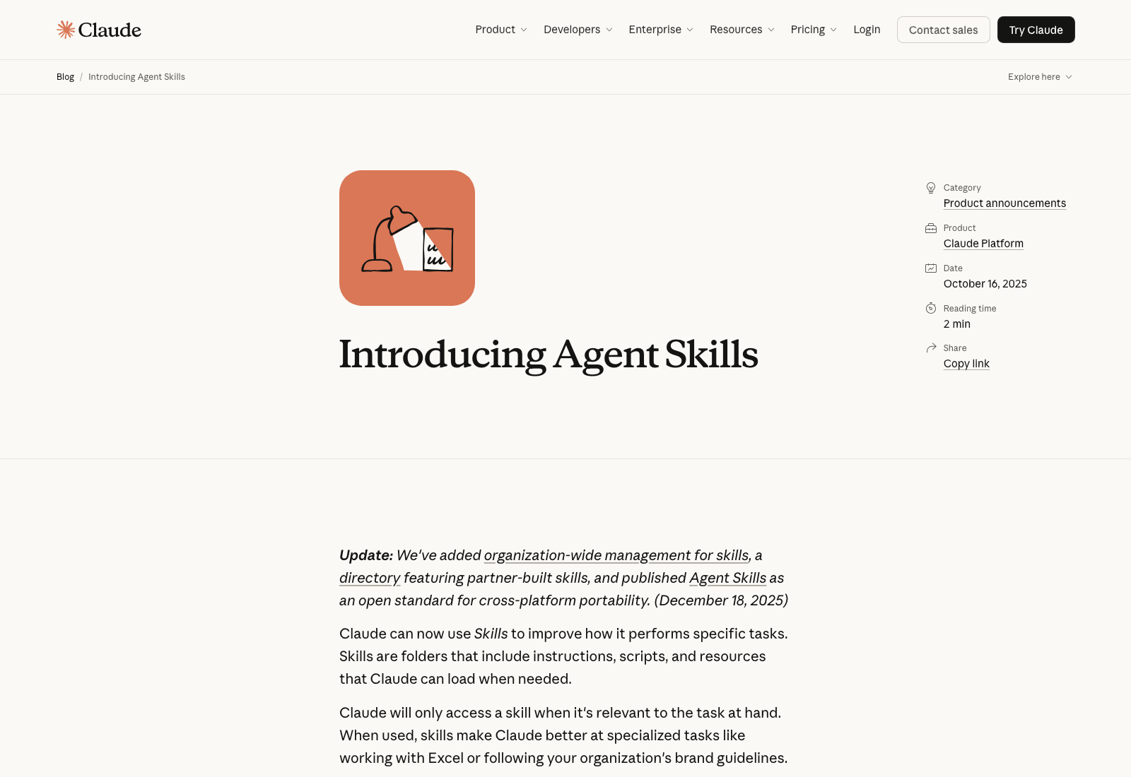 Anthropic's Introducing Agent Skills announcement, October 16, 2025, with the Skills settings panel showing a brand guidelines skill