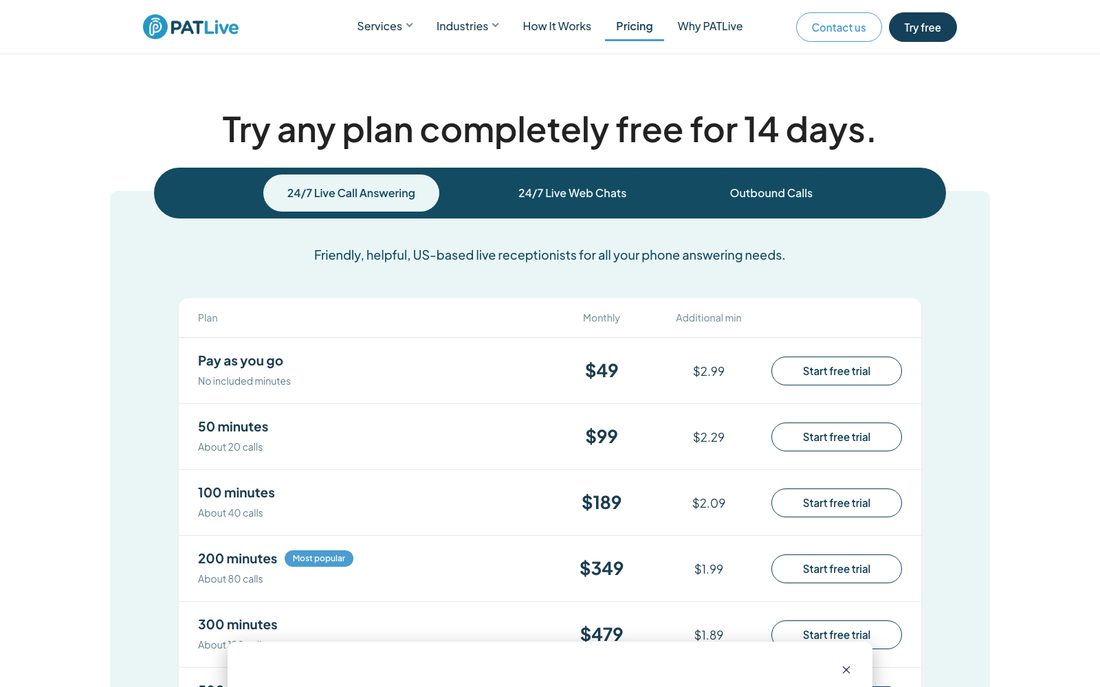 PATLive pricing page, September 2026, showing plans from $49 pay as you go to $6,899 for 5,000 minutes