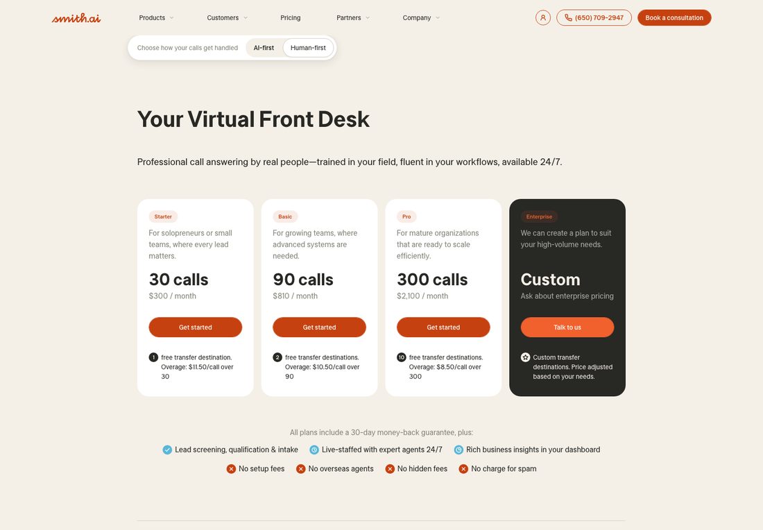 Smith.ai pricing page, September 2026, showing $300 for 30 calls, $810 for 90, and $2,100 for 300