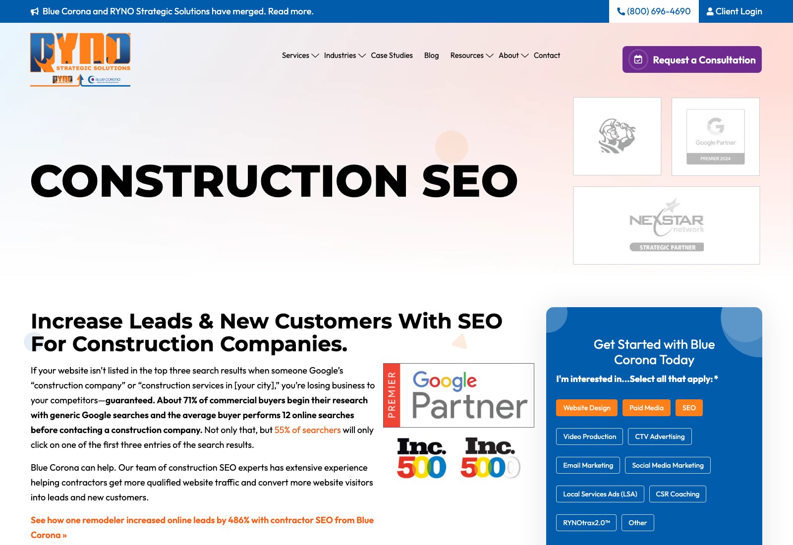 Blue Corona construction SEO page, now under the RYNO brand, listing contractor trades served