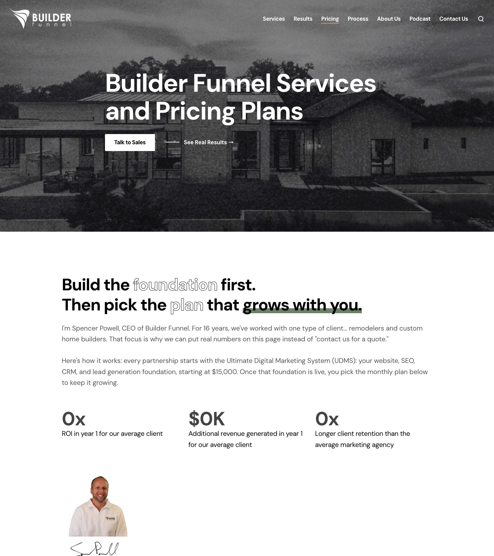 Builder Funnel pricing page showing a $15,000 foundation build and $3,500 to $7,500 monthly retainers for remodelers and custom home builders