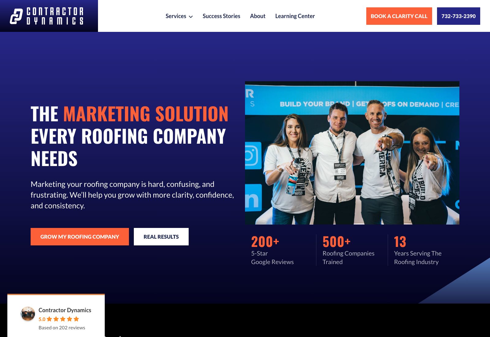 Contractor Dynamics homepage, a marketing company for roofing and exterior contractors with 200-plus five-star Google reviews