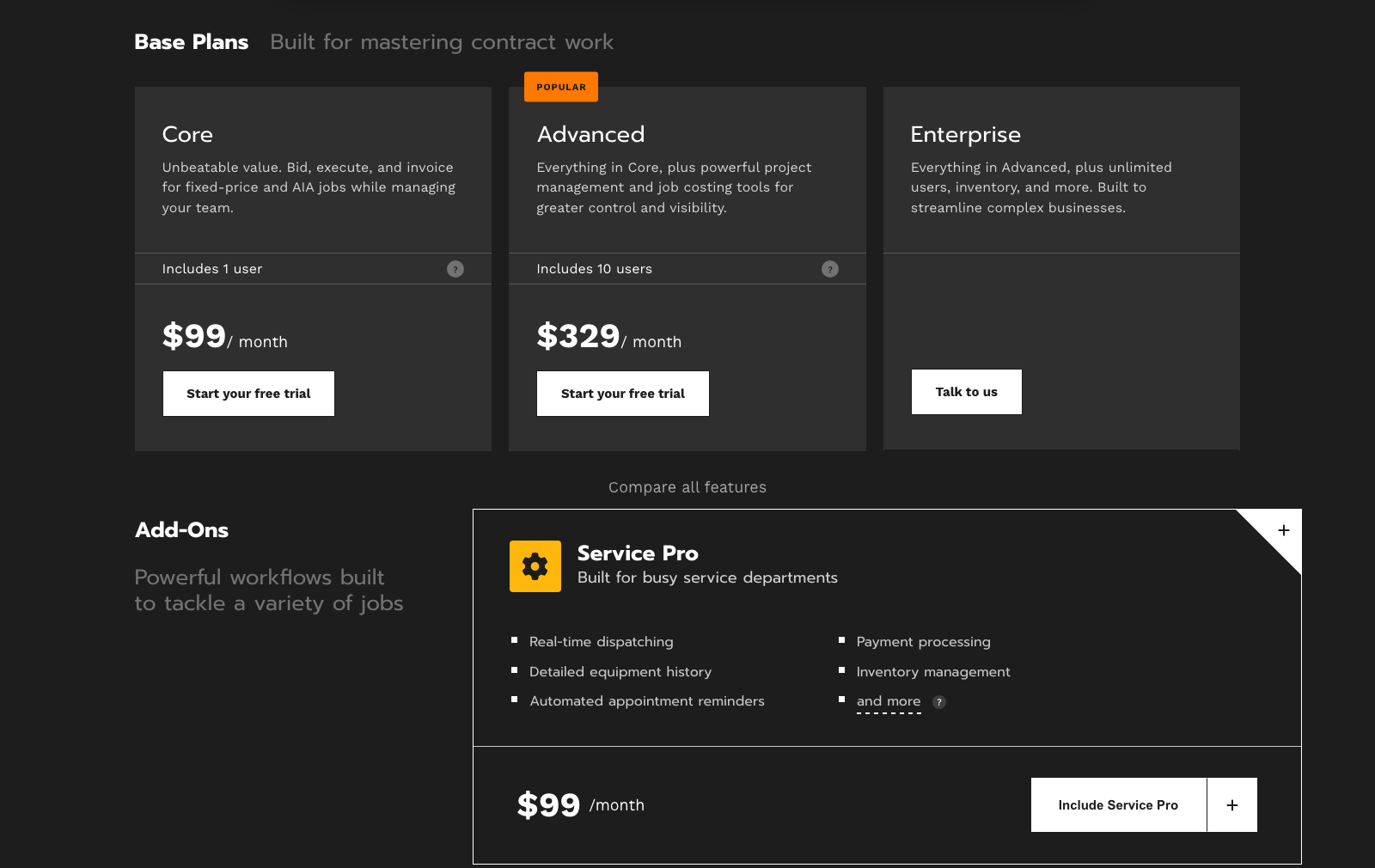 Knowify pricing page showing Core at 99 dollars a month for one user and Advanced at 329 for ten users, with a 99 dollar Service Pro add-on